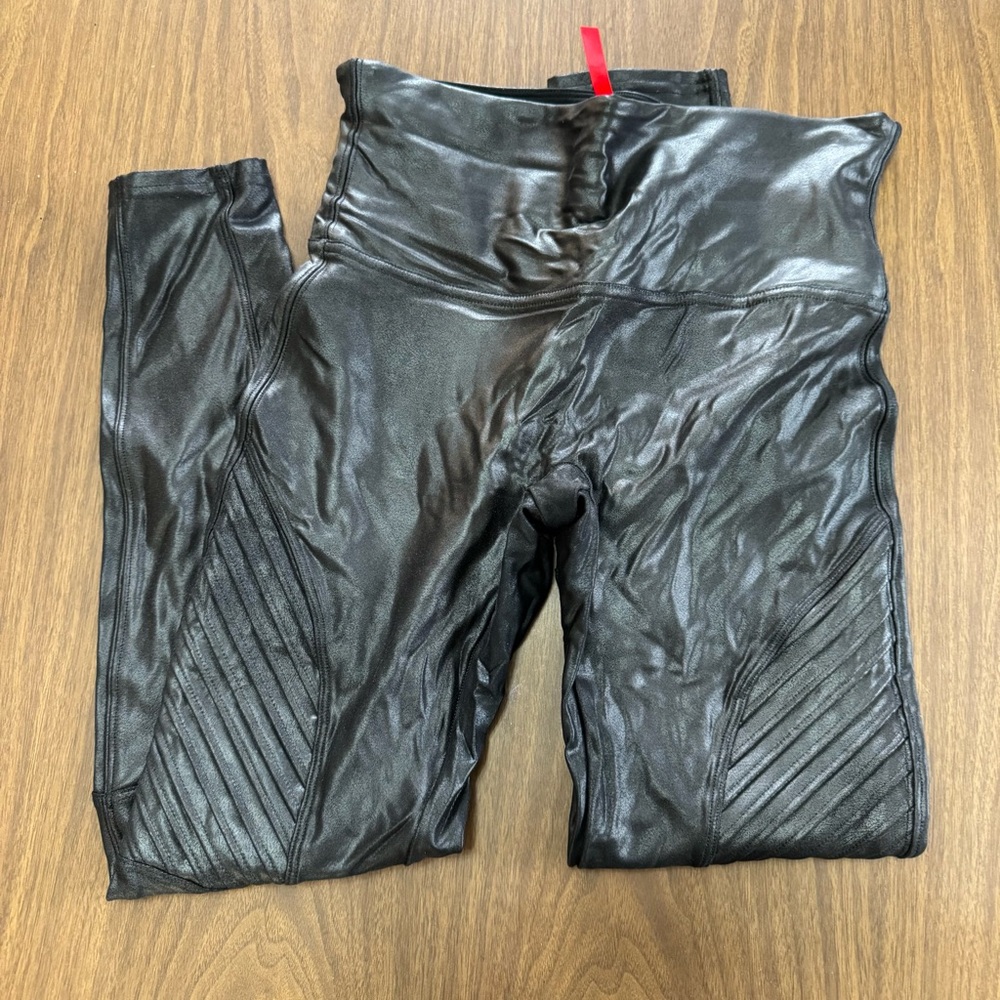SPANX Black Faux Leather Moto Leggings - Picture 2 of 7
